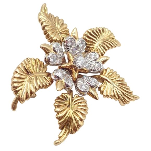 Tiffany & Co Schlumberger 18k Yellow Gold Platinum Diamond 5 Leaf Pin Brooch - Picture 9 of 11